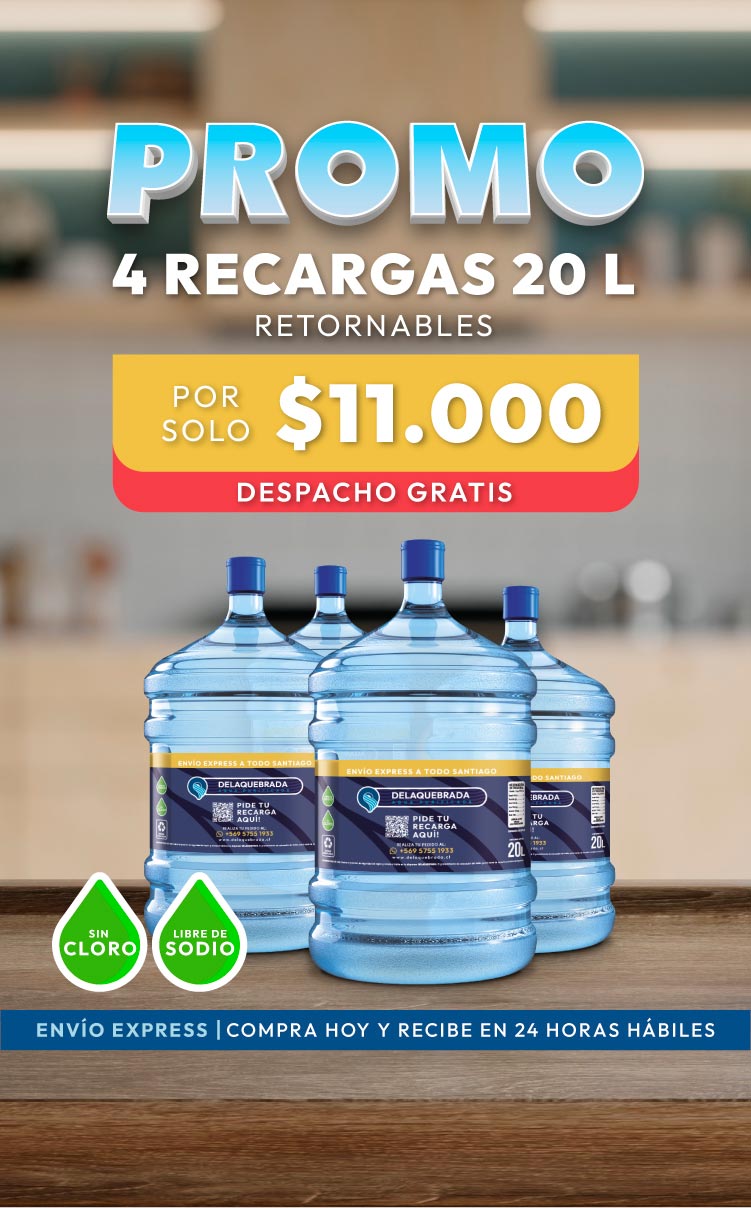 Venta de Agua a Domicilio - Promoción 4 Recargas. Agua Purificada Despacho en Santiago, Las Condes, Providencia, Ñuñoa y más!